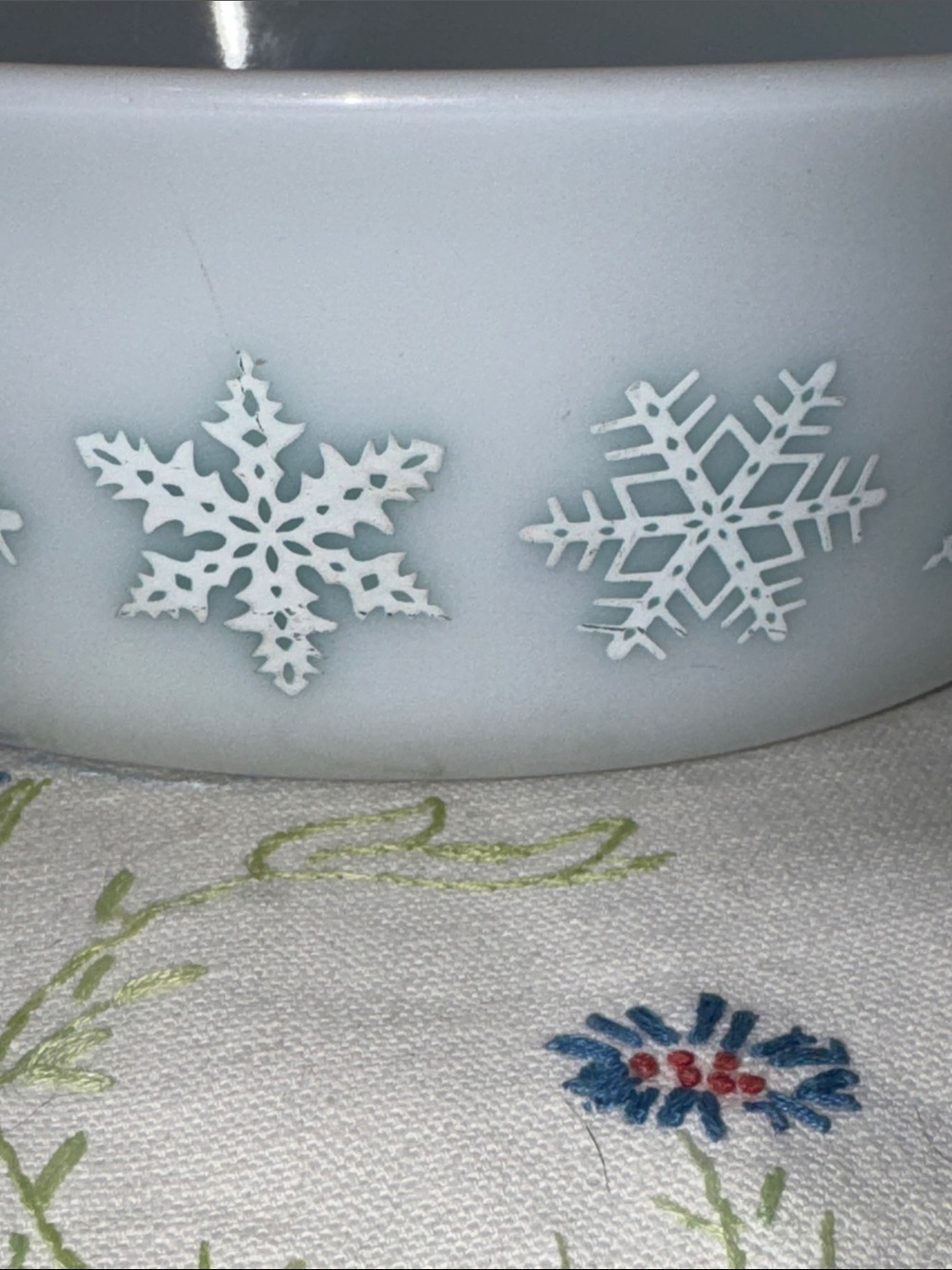 Pyrex White Casserole Dish with Light Blue Snowflake Pattern